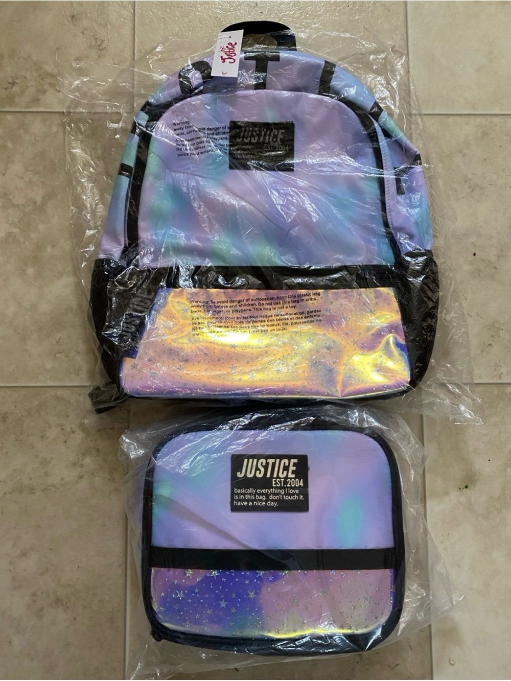 Justice Iridescent Lavender and Rainbow Holographic Backpack & Lunch Bag Set